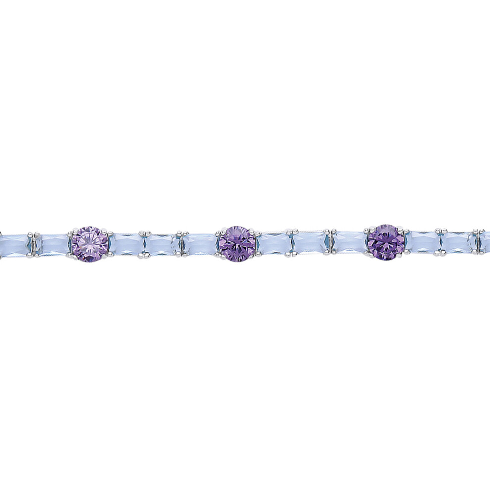 Ladies Sterling Silver Purple Lilac Aqua Emerald Cut Cubic Zirconia Blue River Tennis Bracelet 6mm 7 inch - GVB082AQUA