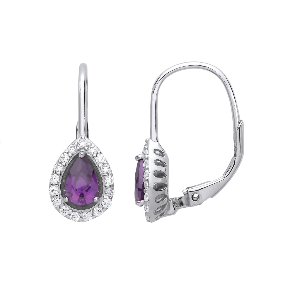 Ladies Sterling Silver Purple Pear Cubic Zirconia Tears of Joy Halo Drop Earrings - GVE814AM