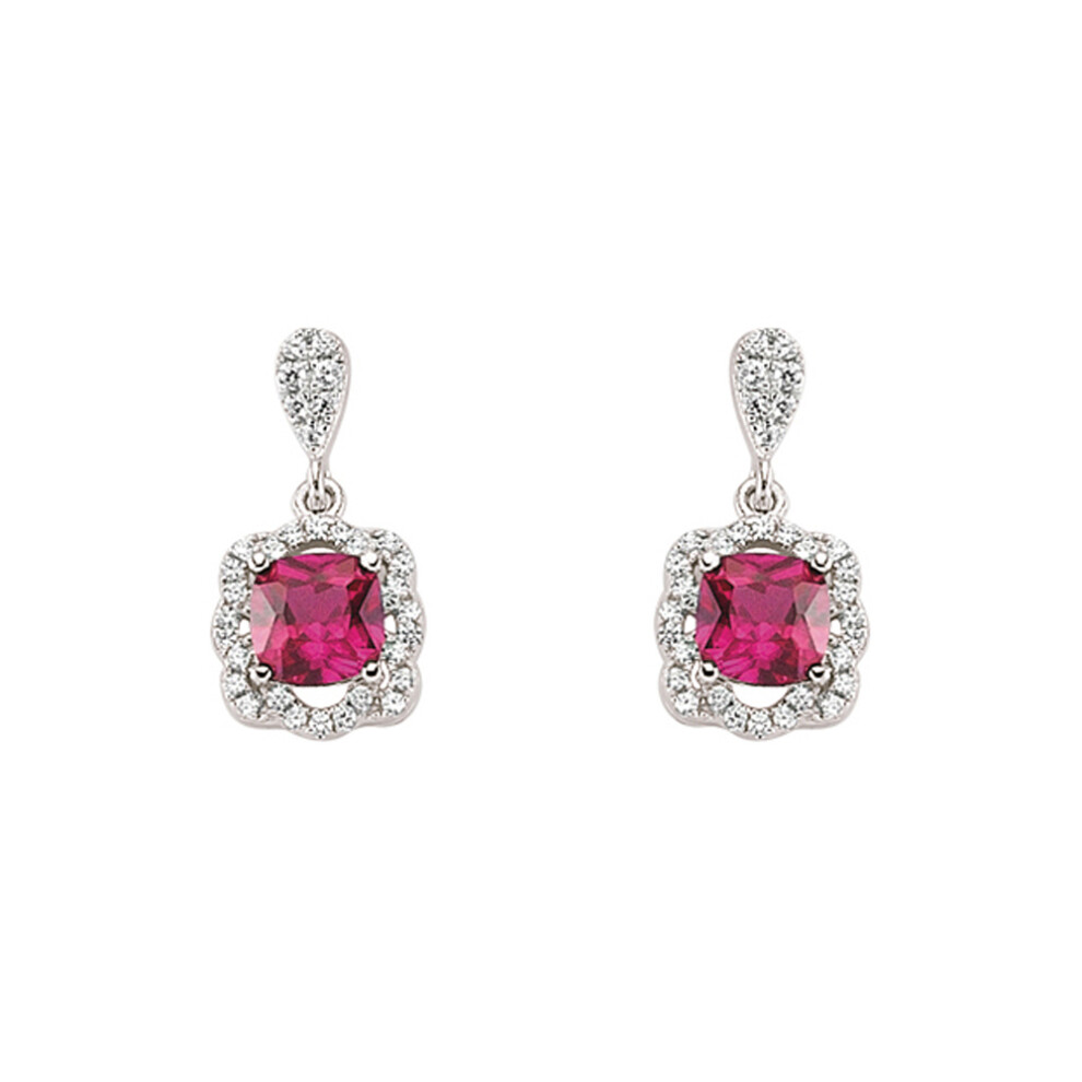 Ladies Sterling Silver Ruby-Red Asscher Cubic Zirconia Halo Cluster Stud Earrings - GVE345