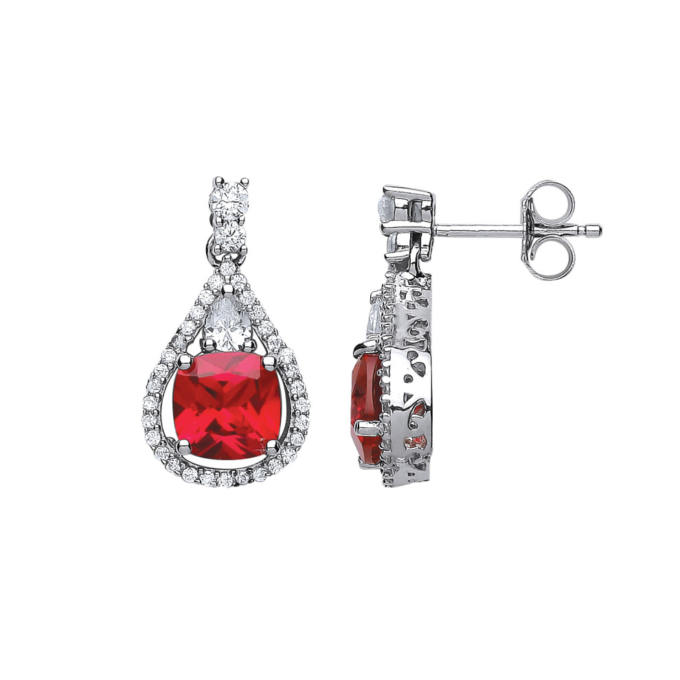 Ladies Sterling Silver Ruby-Red Cushion Cubic Zirconia Halo Teardrop Drop Earrings - GVE441RU