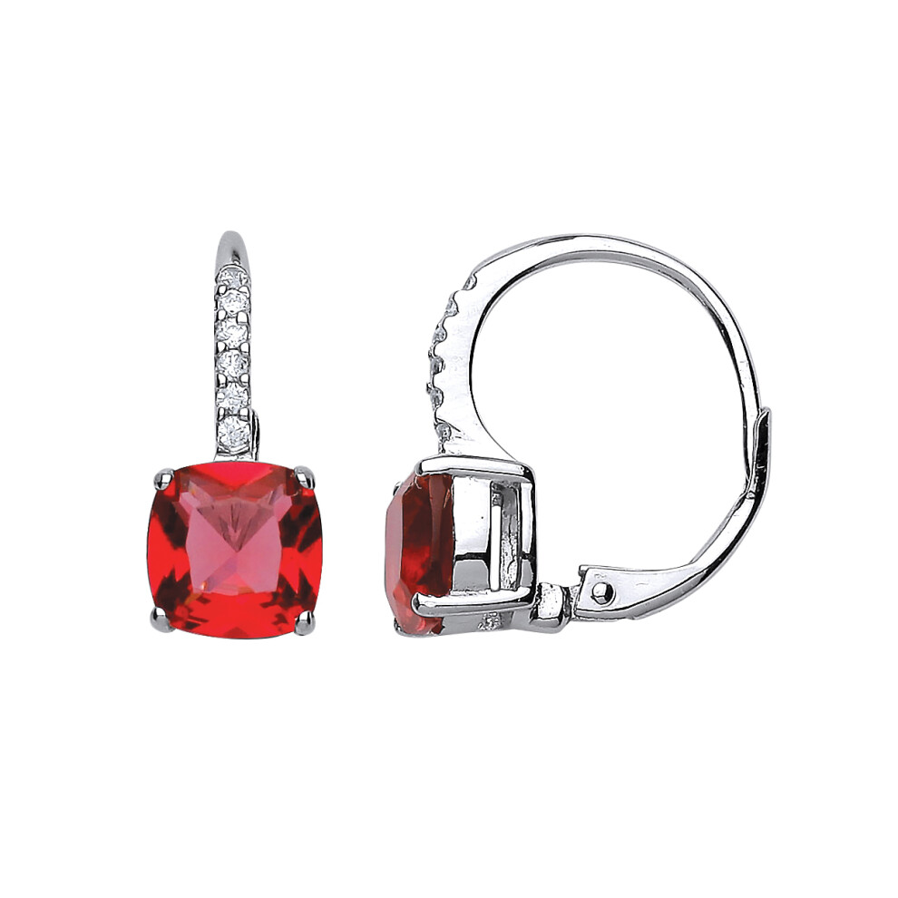 Ladies Sterling Silver Ruby-Red Cushion Cubic Zirconia Pave Drop Earrings - GVE462