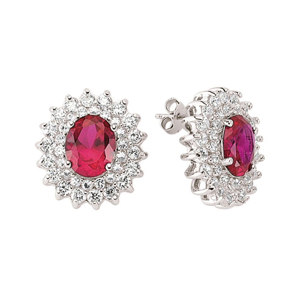 Ladies Sterling Silver Ruby-Red Oval Cubic Zirconia Royal Cluster Stud Earrings - GVE058RU