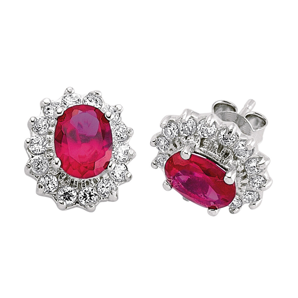 Ladies Sterling Silver Ruby-Red Oval Cubic Zirconia Royal Cluster Stud Earrings - GVE247RU