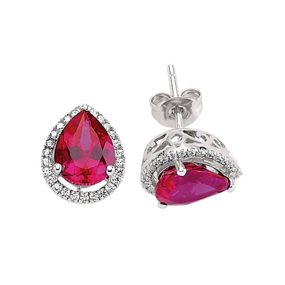 Ladies Sterling Silver Ruby-Red Pear Cubic Zirconia Halo Tears of Joy Stud Earrings - GVE222