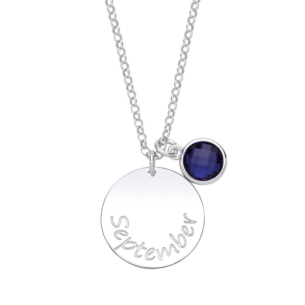 Ladies Sterling Silver Sapphire-Blue Checkerboard Button Cubic Zirconia Birthstone Round Tag Medallion Necklace 16 inch - GVK306SAP