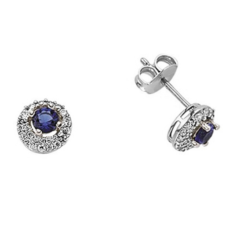 Ladies Sterling Silver Sapphire-Blue Cubic Zirconia Halo Stud Earrings - GVE396SAP