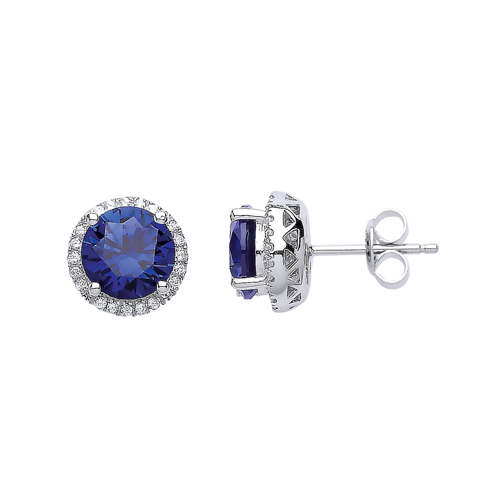 Ladies Sterling Silver Sapphire-Blue Cubic Zirconia Halo Stud Earrings - GVE617