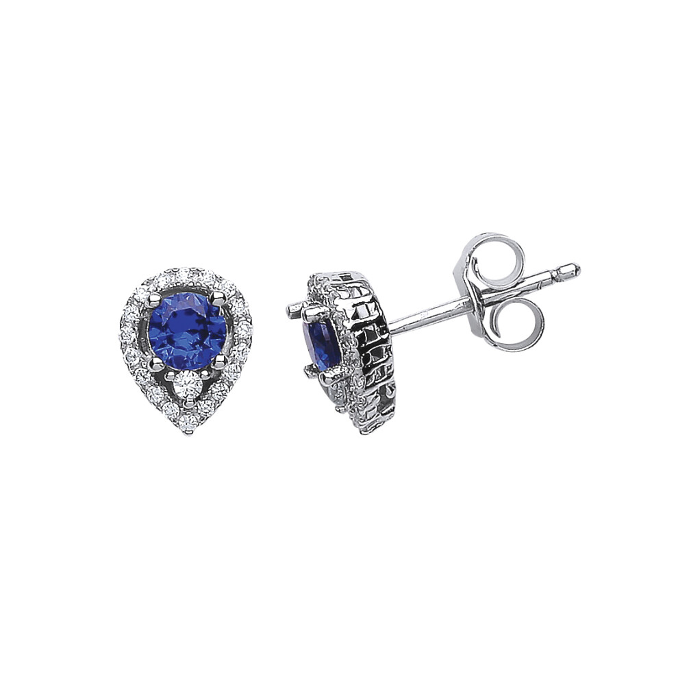 Ladies Sterling Silver Sapphire-Blue Cubic Zirconia Halo Tears of Joy Drop Earrings - GVE397SAP