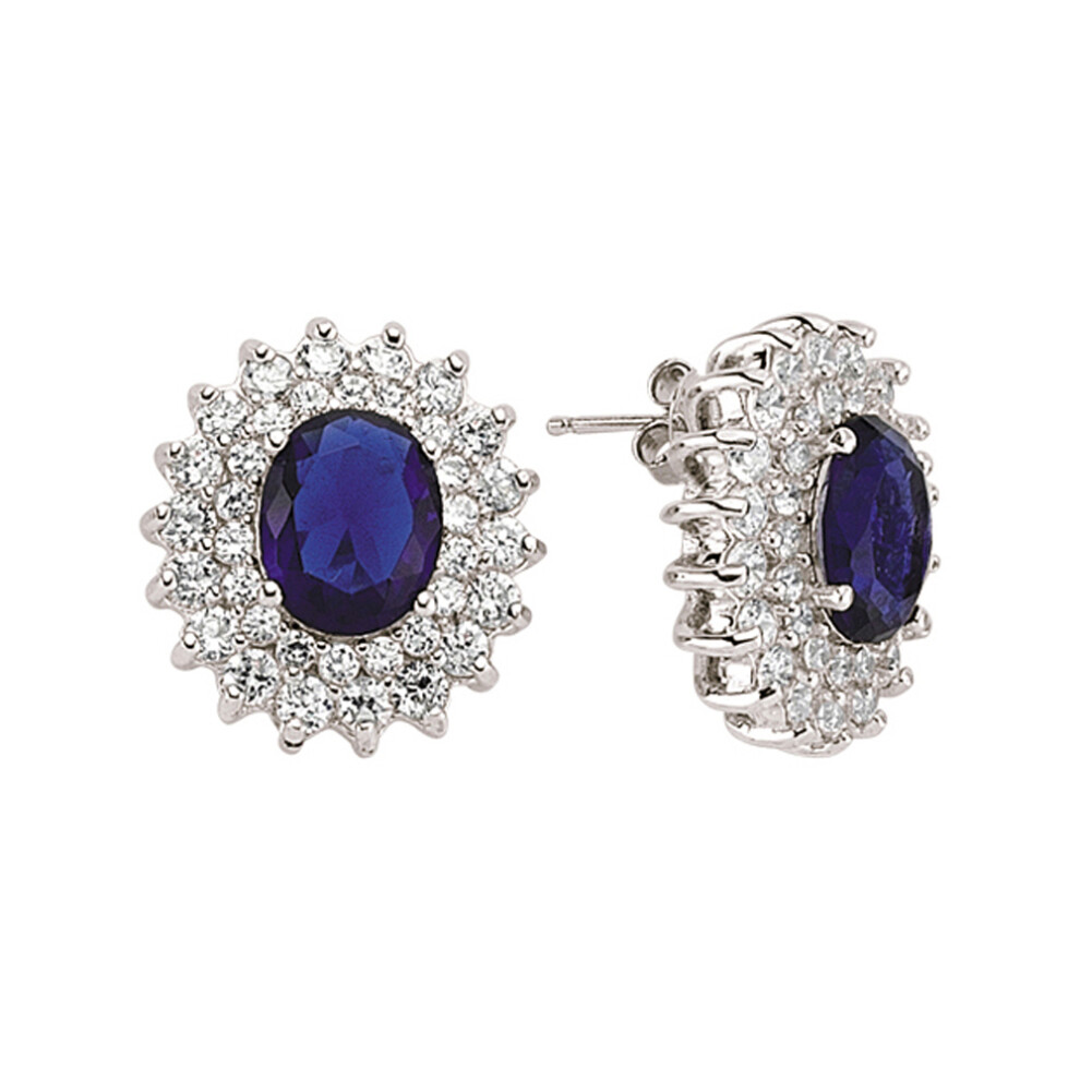 Ladies Sterling Silver Sapphire-Blue Oval Cubic Zirconia Royal Lady Di Cluster Stud Earrings - GVE058