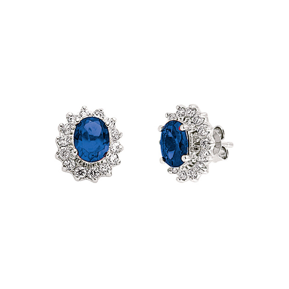 Ladies Sterling Silver Sapphire-Blue Oval Cubic Zirconia Royal Lady Di Cluster Stud Earrings - GVE247SAP