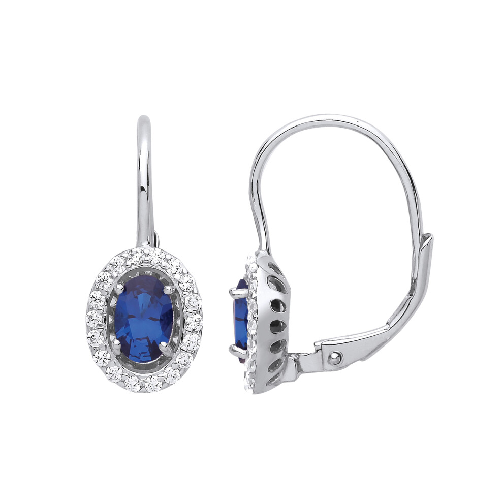 Ladies Sterling Silver Sapphire-Blue Oval Cubic Zirconia Solitaire Halo Drop Earrings - GVE815SAP