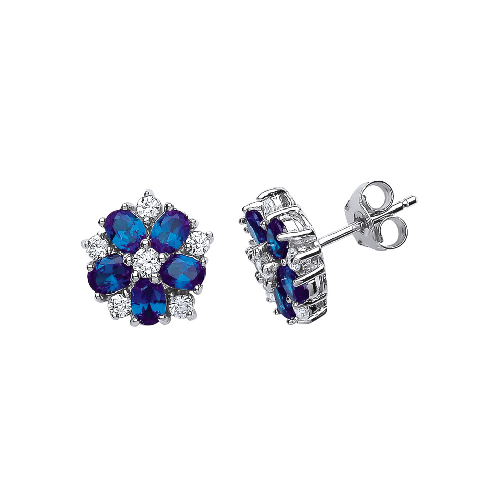 Ladies Sterling Silver Sapphire-Blue Oval Cubic Zirconia Tudor Rose Flower Petal Stud Earrings - GVE212SAP