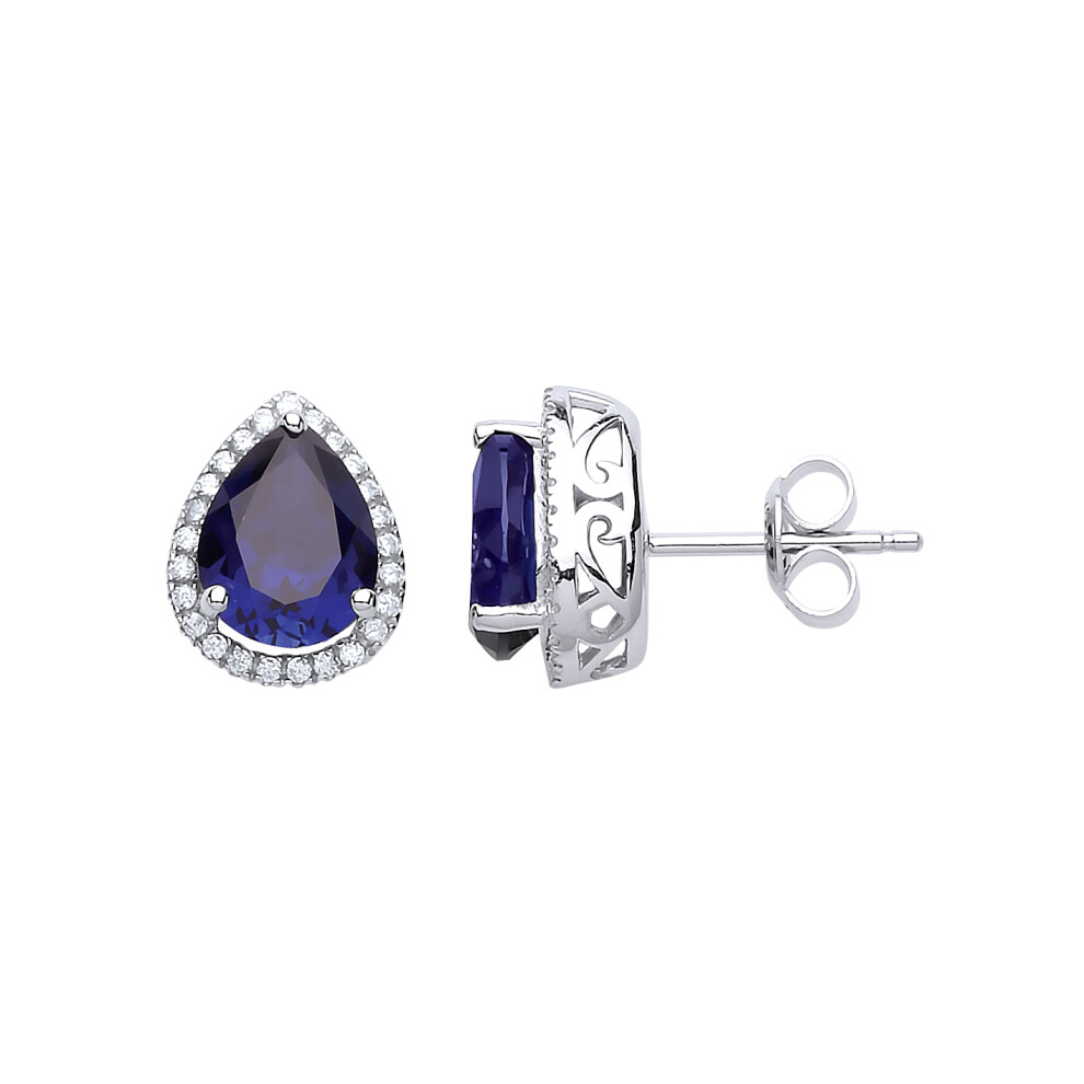 Ladies Sterling Silver Sapphire-Blue Pear Cubic Zirconia Pear Halo Stud Earrings - GVE222SAP