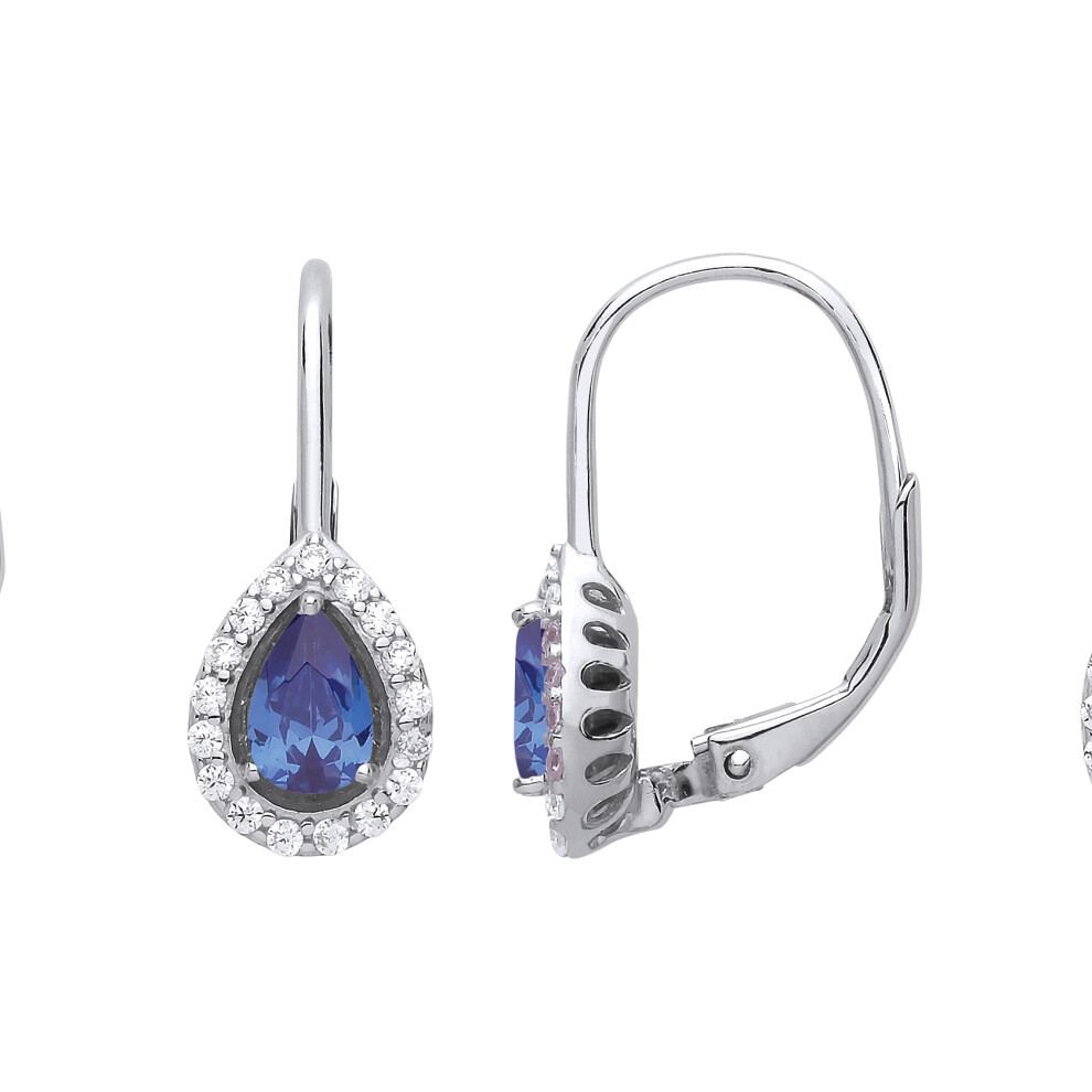 Ladies Sterling Silver Sapphire-Blue Pear Cubic Zirconia Tears of Joy Halo Drop Earrings - GVE814CP