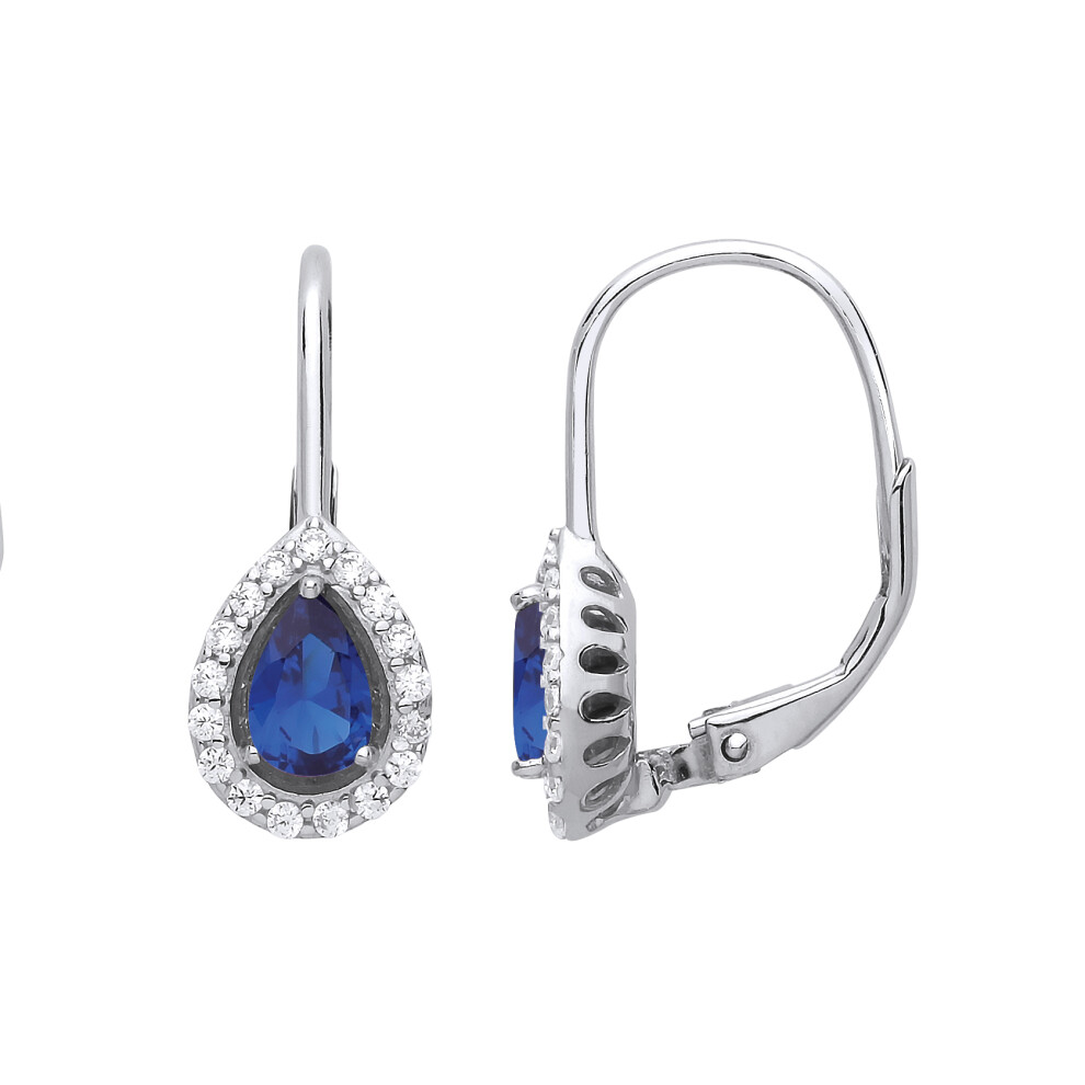 Ladies Sterling Silver Sapphire-Blue Pear Cubic Zirconia Tears of Joy Halo Drop Earrings - GVE814SAP