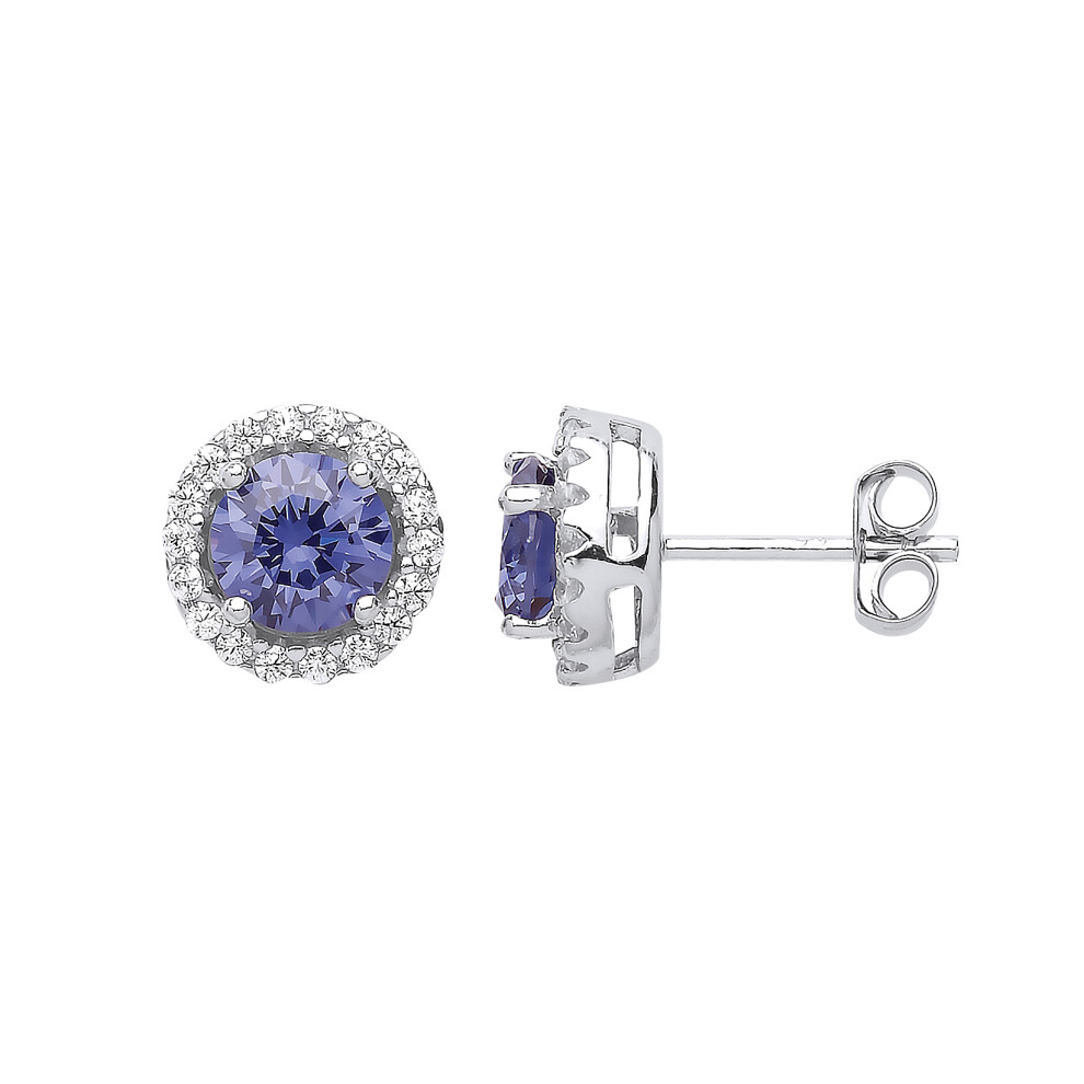 Ladies Sterling Silver Tanzanite-Violet Cubic zirconia Halo Solitaire Stud Earrings - GVE419TAN