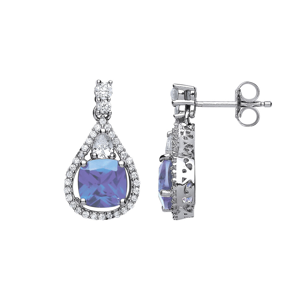 Ladies Sterling Silver Tanzanite-Violet Cushion Cubic Zirconia Halo Teardrop Drop Earrings - GVE441TAN