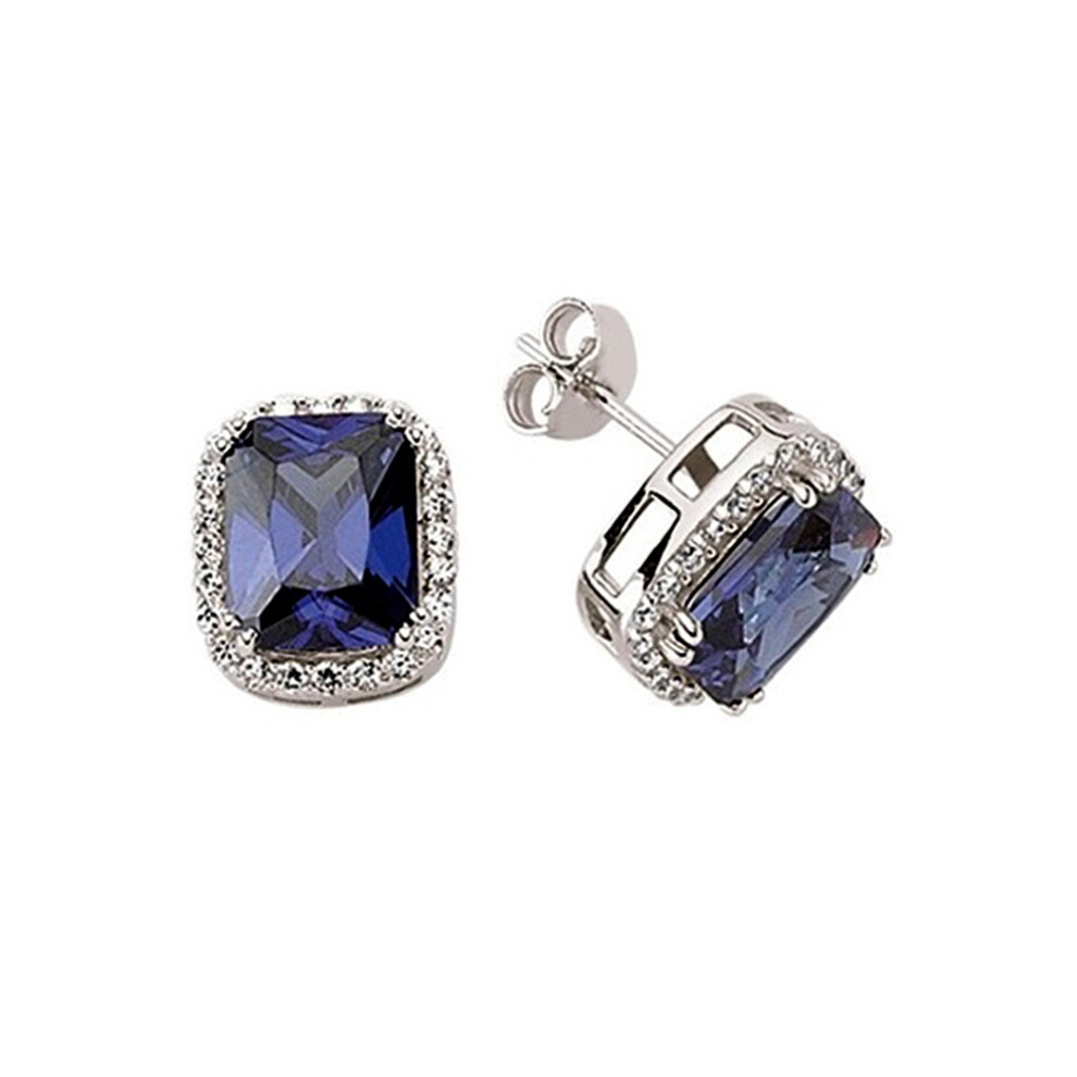 Ladies Sterling Silver Tanzanite-Violet Emerald Cut Cubic Zirconia Halo Stud Earrings - GVE327