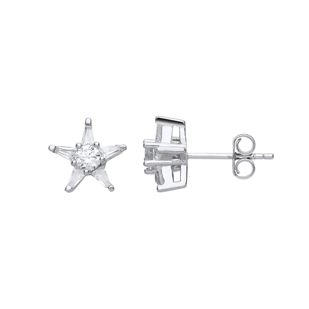 Ladies Sterling Silver Tapered Baguette Cubic Zirconia Shining Star Stud Earrings - GVE670