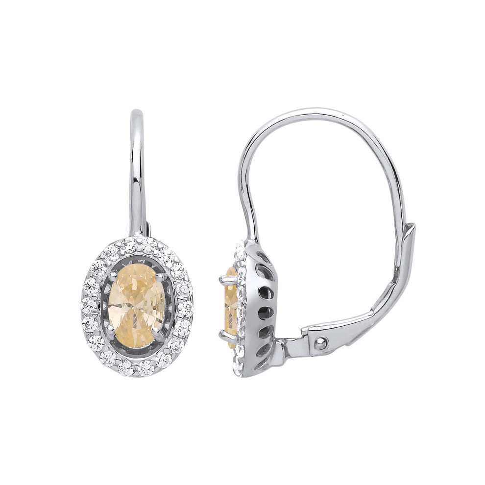 Ladies Sterling Silver Yellow Oval Cubic Zirconia Solitaire Halo Drop Earrings - GVE815YC