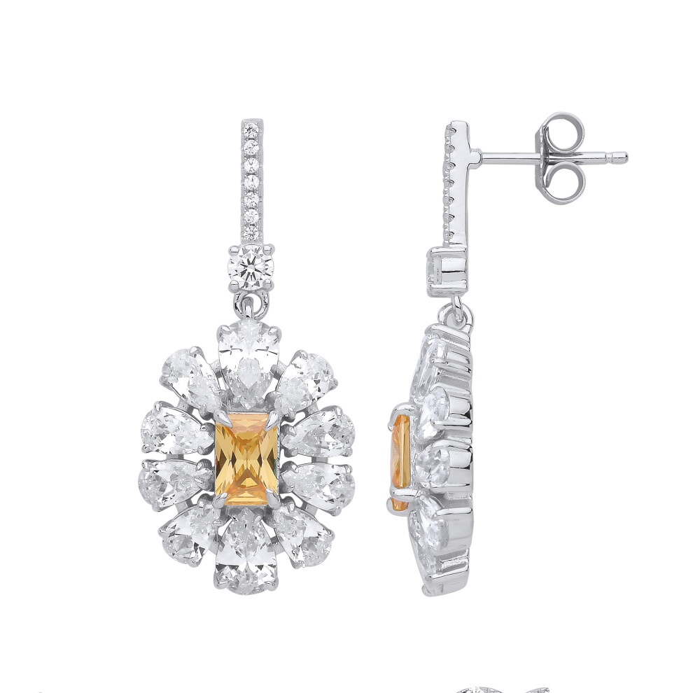 Ladies Sterling Silver Yellow Rectangular & Pear Cubic Zirconia Popcorn Flower Stud Drop Earrings - GVE871