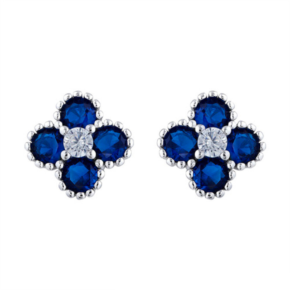 Rhodium Silver Blue Round Brilliant CZ Bead Edge Clover Cluster Stud Earrings - AES230B
