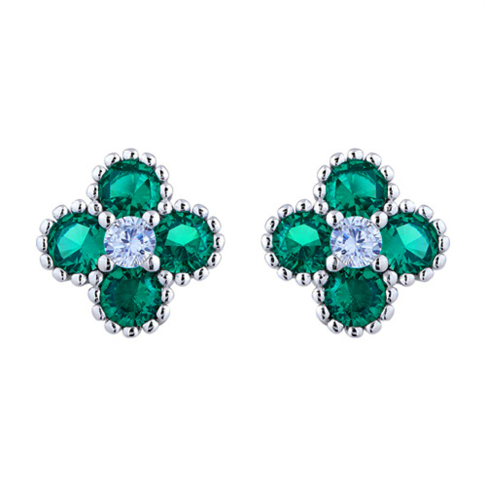 Rhodium Silver Green Round Brilliant CZ Bead Edge Clover Cluster Stud Earrings - AES230G