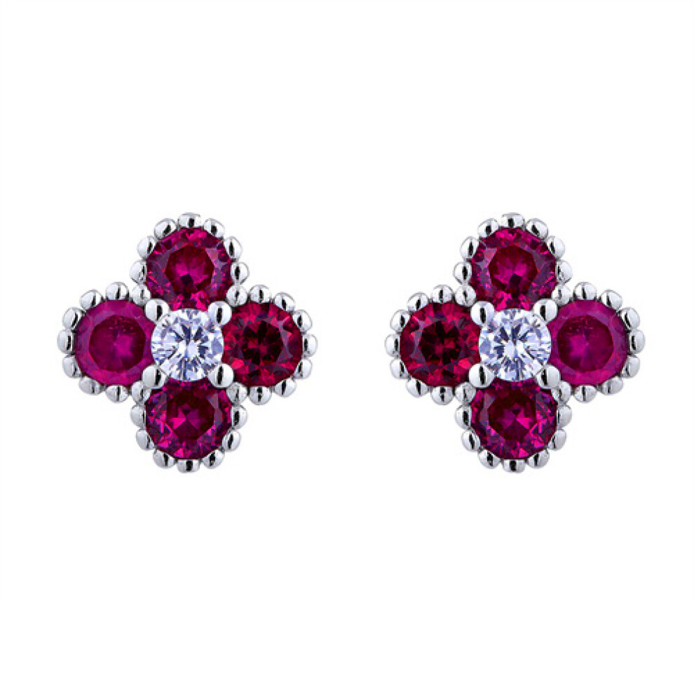 Rhodium Silver Red Round Brilliant CZ Bead Edge Clover Cluster Stud Earrings - AES230R