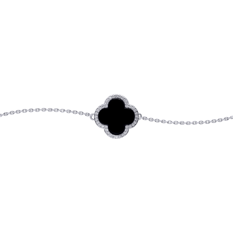 Silver Black Clover Onyx & CZ Halo Lucky Charm Chain Bracelet 7-8.5" - ABB241