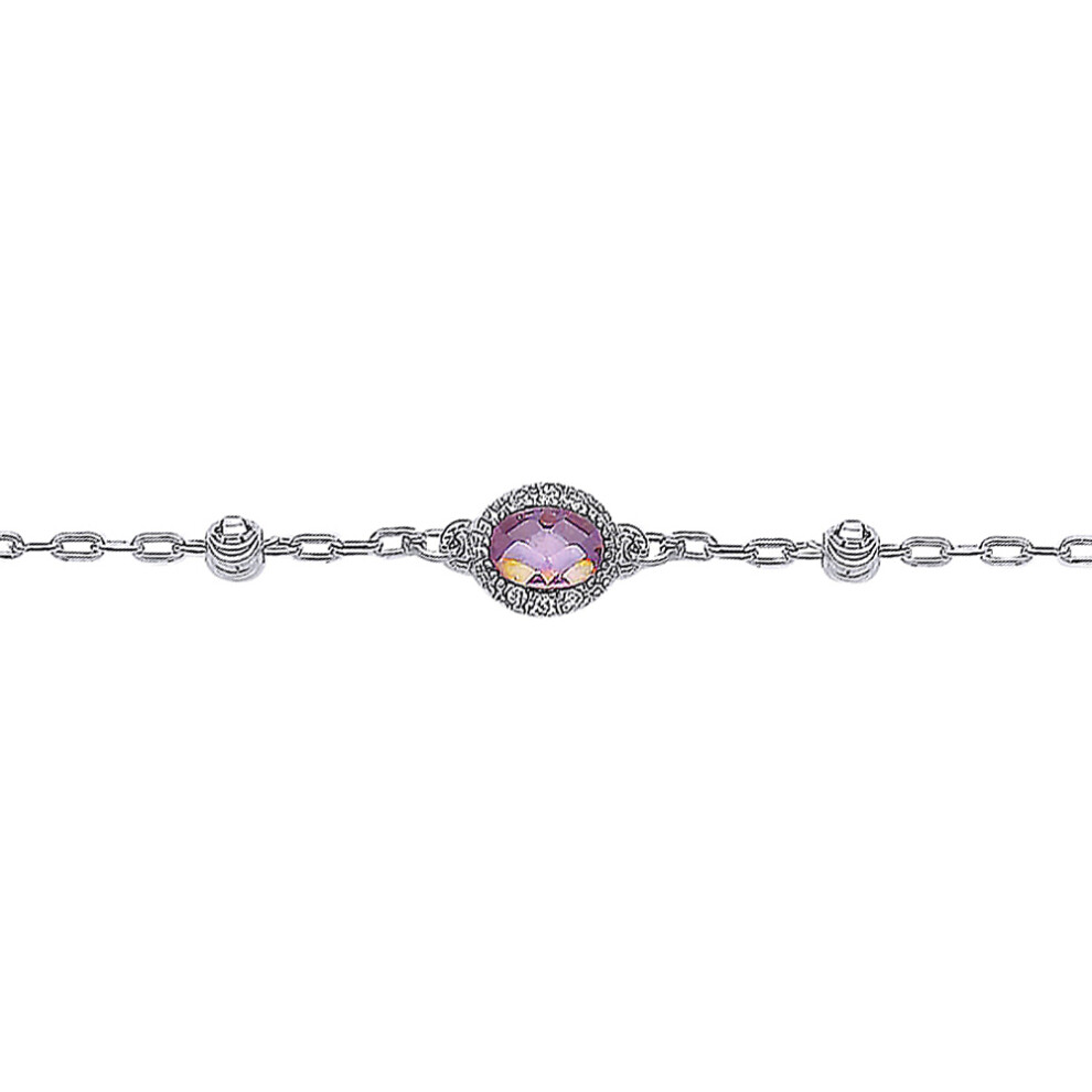 Sterling Silver Purple Oval Cubic Zirconia Halo Bead By The Inch Bracelet - GVB238