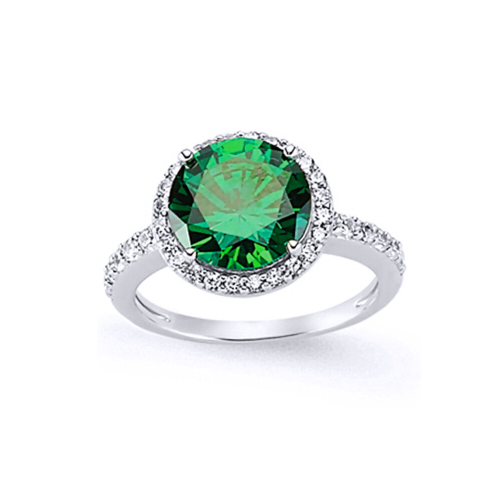 (L) Ladies Rhodium Plated Sterling Silver Green Cubic Zirconia Halo Engagement Ring