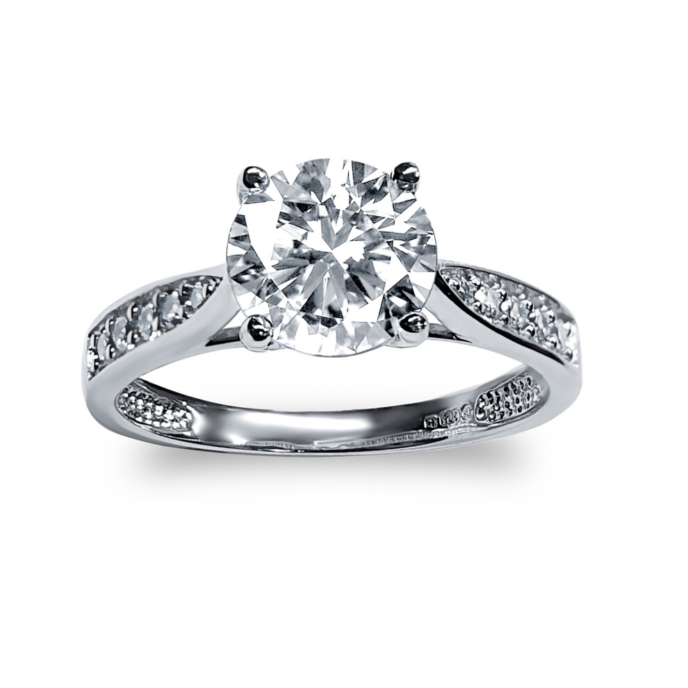 (L) Ladies Solid 9ct White Gold White Round Brilliant Cubic Zirconia Solitaire Shoulder Set Engagement Ring