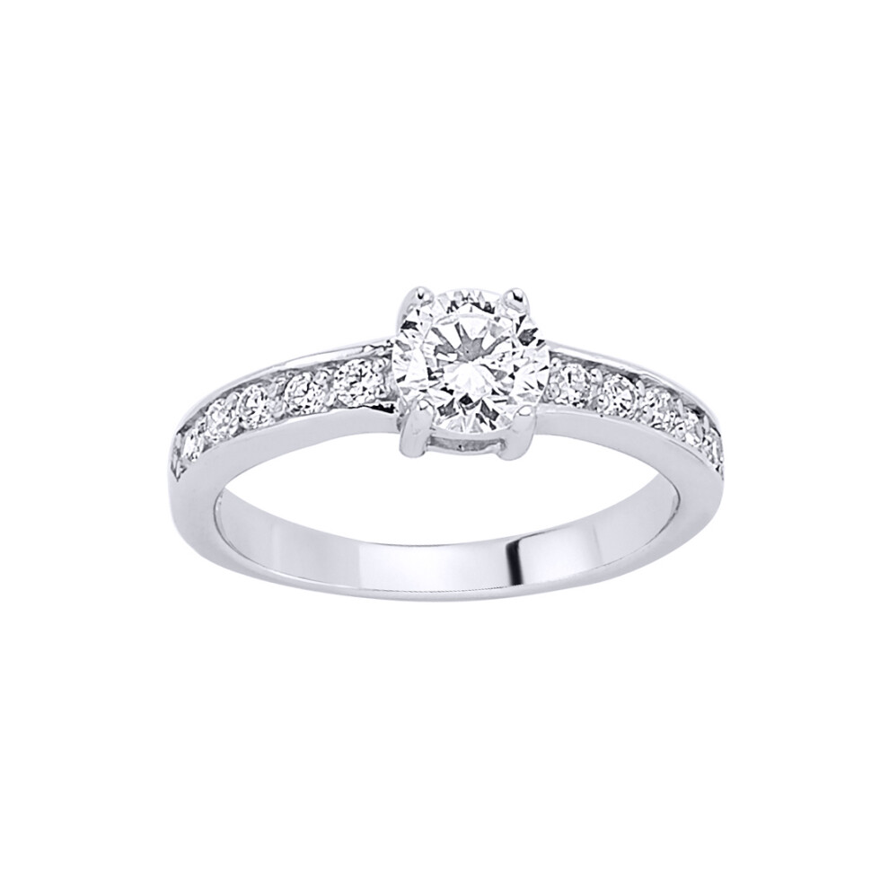 (M) Ladies Rhodium Plated Sterling Silver Cubic Zirconia Shoulder-Set 4 Claw Solitaire Engagement Ring