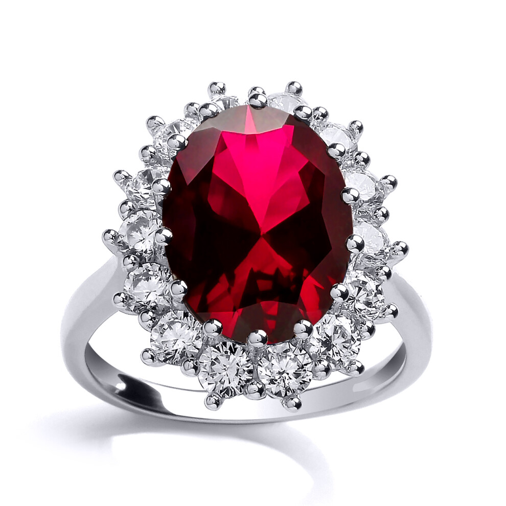 (M) Ladies Rhodium Sterling Silver Red Oval Cubic Zirconia Royal Princess Cluster Solitaire Engagement Ring
