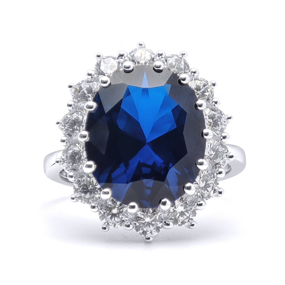 (M) Sterling Silver Blue Oval Cubic Zirconia Princess Diana & Kate Royal 2mm Engagement Ring, 10x12mm - 8-84-9751