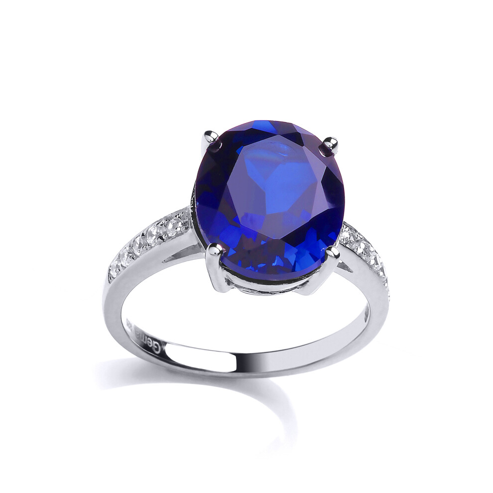 (N) Ladies Rhodium Sterling Silver Blue oval Cubic zirconia Shoulder-Set 4 Claw Solitaire Engagement Ring