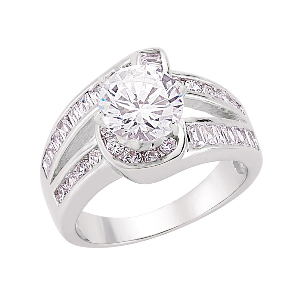 (O) Ladies Rhodium Plated Sterling Silver Baguette Cubic Zirconia Crossover Twist Solitaire Engagement Ring