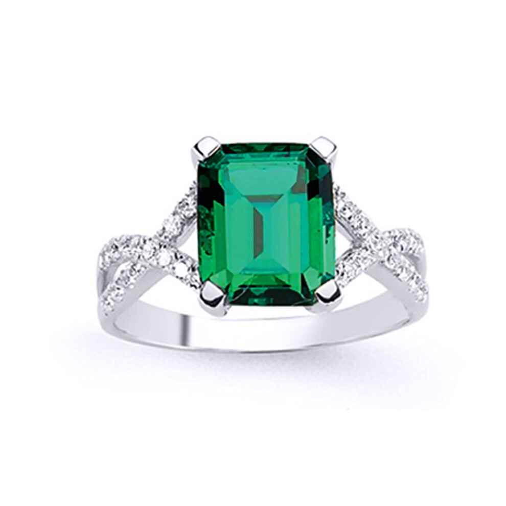 (P) Ladies Rhodium Plated Sterling Silver Green Emerald Cut Cubic Zirconia Criss Cross Engagement Ring
