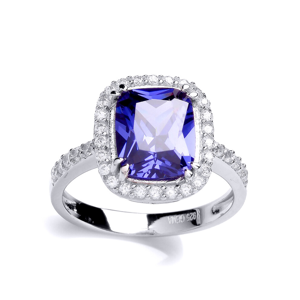 (P) Ladies Rhodium Sterling Silver Purple Emerald Cut CZ Shoulder-Set Halo Solitaire Engagement Ring