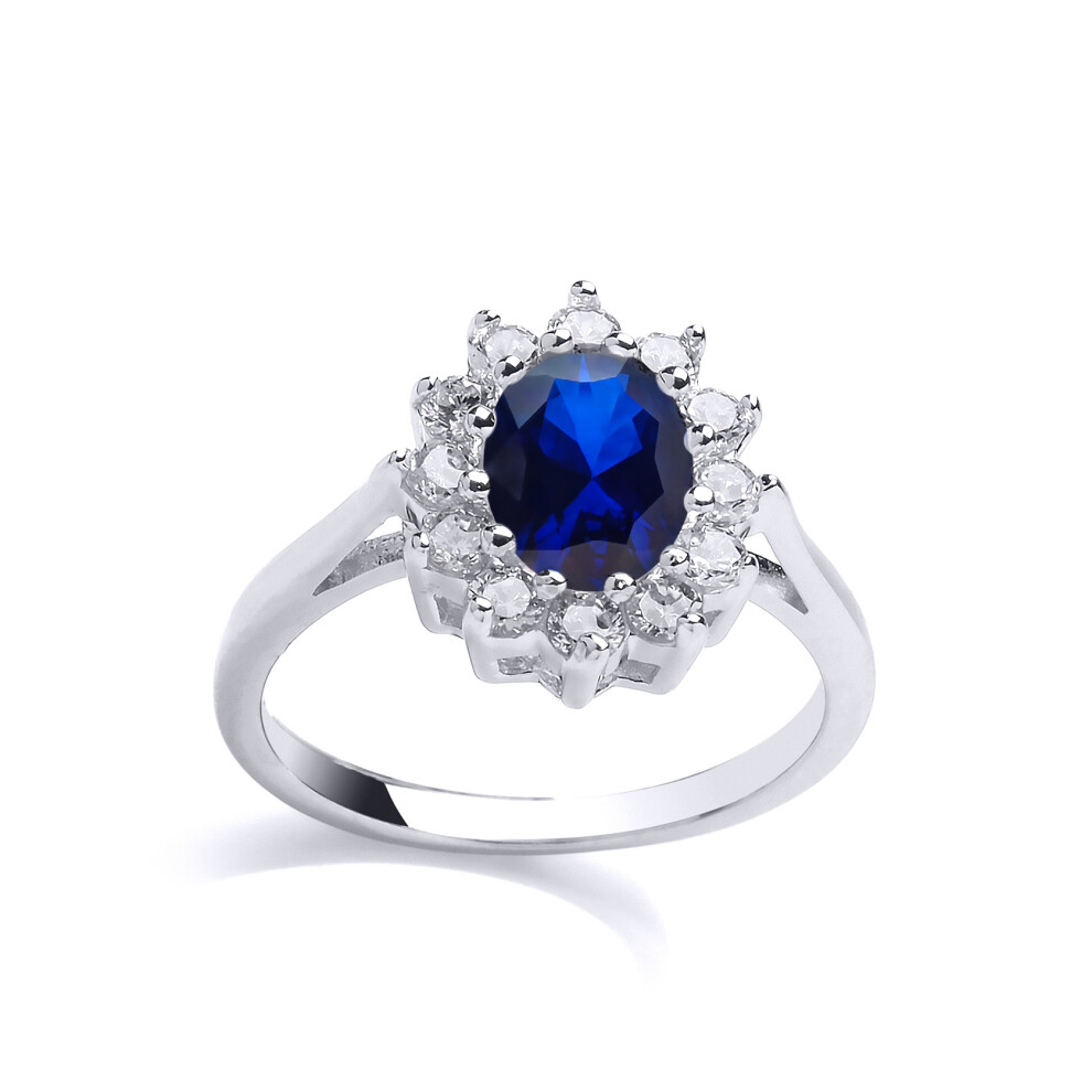 (R) Ladies Rhodium Sterling Silver Blue Oval Cubic Zirconia Royal Princess Lady Di Cluster Cluster Ring
